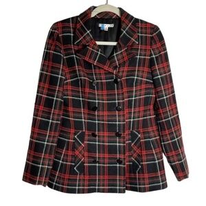 CAbi Manhattan Double Breasted Wool Blend Plaid Pea Coat Red Black Green 8